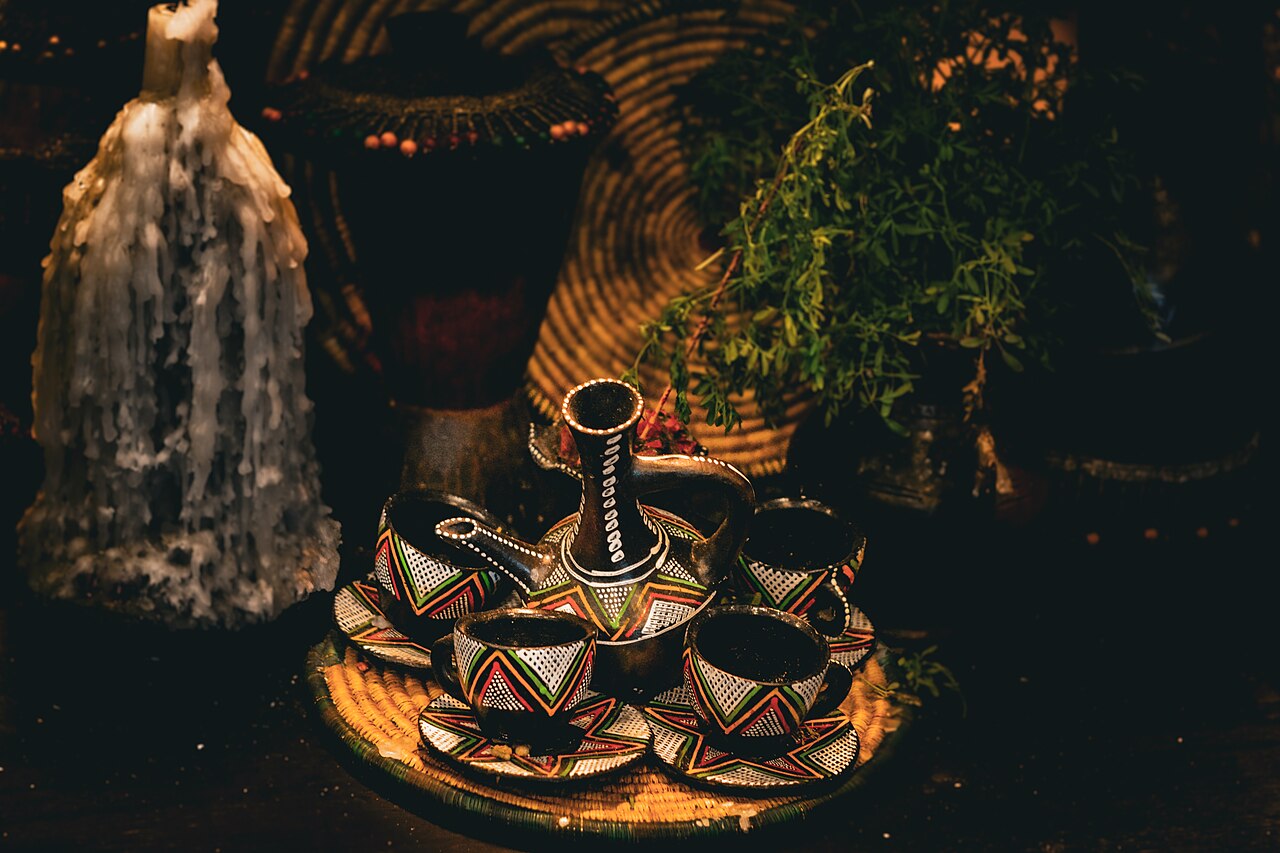 Traditional Ethiopian jebena coffee pot and small coffee cups